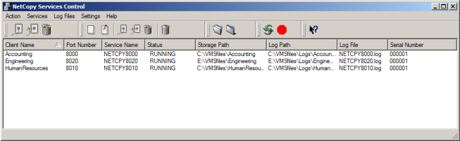 NetCopy services control screen