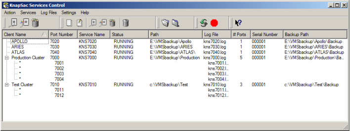 KnapSac services control screen shot